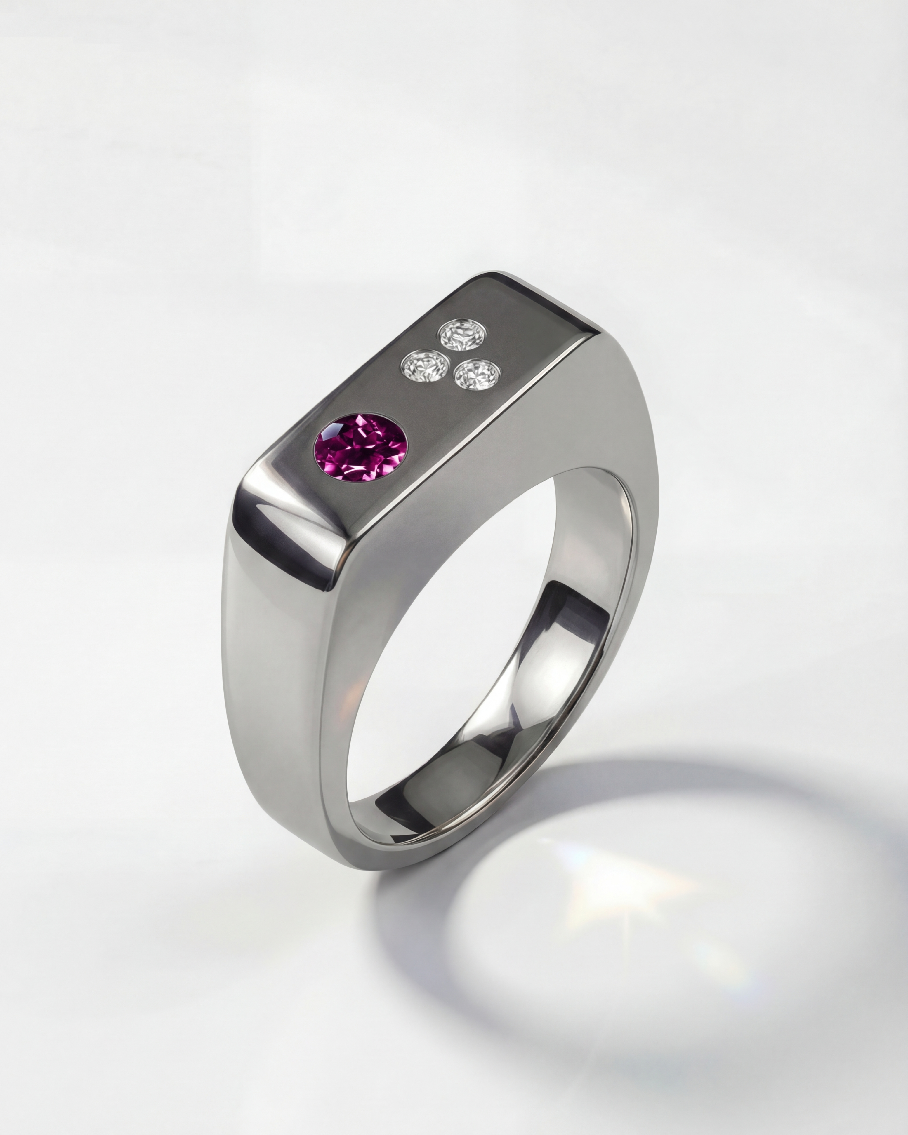 Srebrny pierscionek sygnet z rozowym kamieniem granatem EONY Studio nowoczesna minimalistyczna bizuteria damska